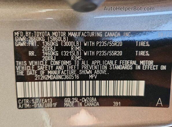 2T2HZMDA8NC360516 2022 LEXUS RX Gray VIN კოდის სტიკერის ხედი
