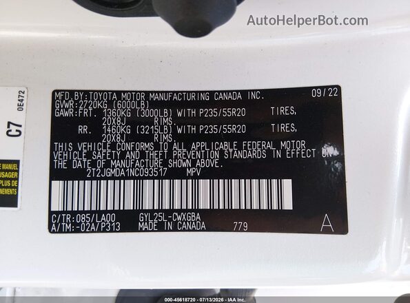 2T2JGMDA1NC093517 2022 LEXUS RX 450H Белый Вид подкапотного пространства