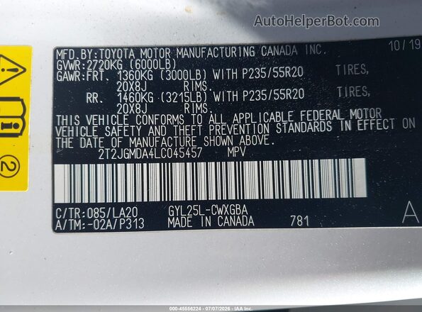 2T2JGMDA4LC045457 2020 LEXUS RX 450H White Շարժիչի բաժամունքի տեսք