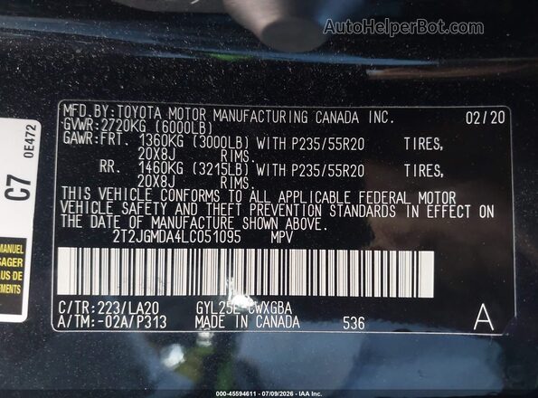 2T2JGMDA4LC051095 2020 LEXUS RX 450H Black ძრავის განყოფილების ხედი