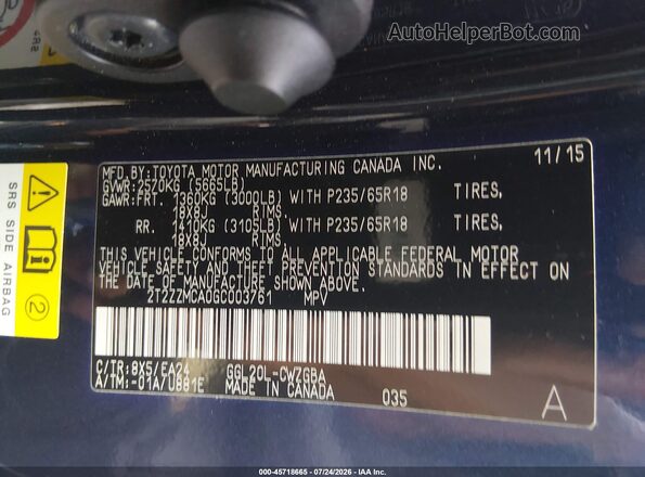 2T2ZZMCA0GC003761 2016 LEXUS RX 350 Blue Вид підкапотного простору