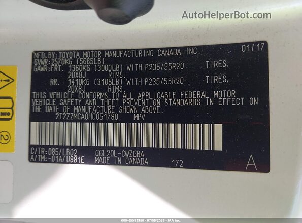2T2ZZMCA0HC051780 2017 LEXUS RX 350 White Вид підкапотного простору