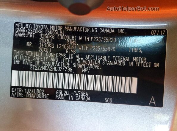 2T2ZZMCA2HC074798 2017 LEXUS RX Silver VIN კოდის სტიკერის ხედი