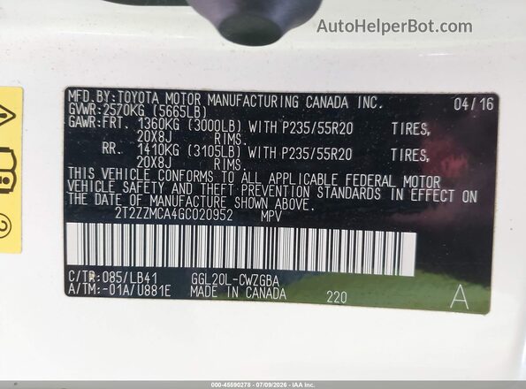 2T2ZZMCA4GC020952 2016 LEXUS RX 350 White ძრავის განყოფილების ხედი