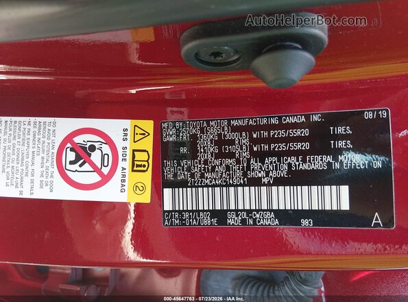 2T2ZZMCA4KC149041 2019 LEXUS RX 350 Red Вид підкапотного простору