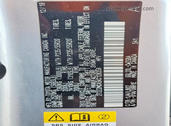 2T2ZZMCA5KC128358 2019 LEXUS RX Silver Widok naklejki z numerem VIN