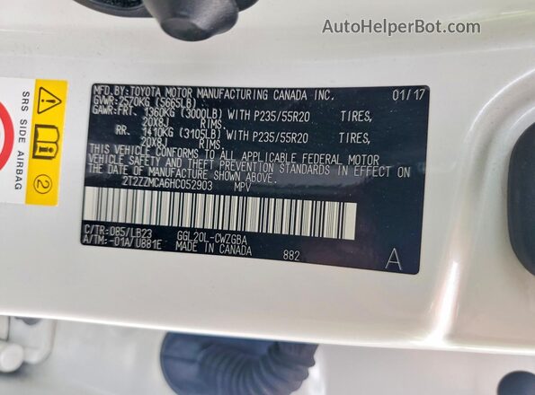 2T2ZZMCA6HC052903 2017 LEXUS RX White Вид наклейки з VIN-кодом