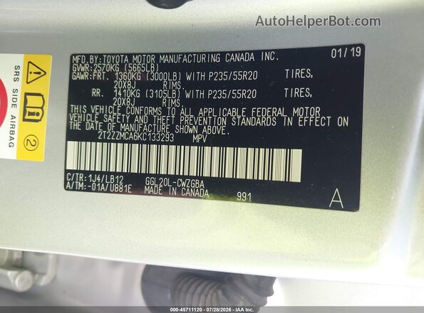 2T2ZZMCA6KC133293 2019 LEXUS RX 350 Silver Vista del compartimento del motor