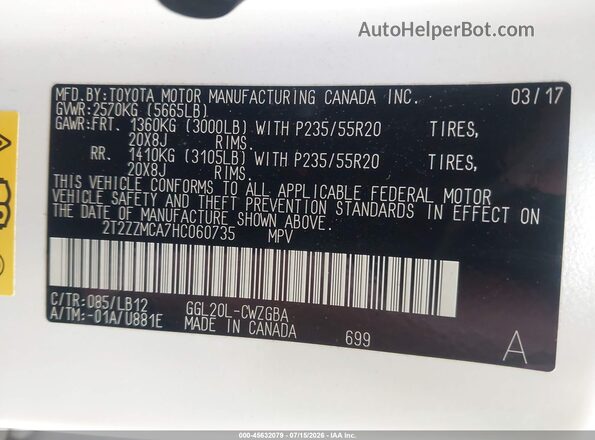 2T2ZZMCA7HC060735 2017 LEXUS RX 350 White Engine compartment view