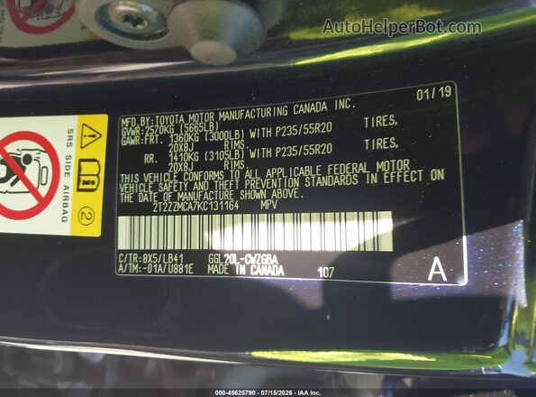 2T2ZZMCA7KC131164 2019 LEXUS RX 350 Blue Vista del compartimento del motor