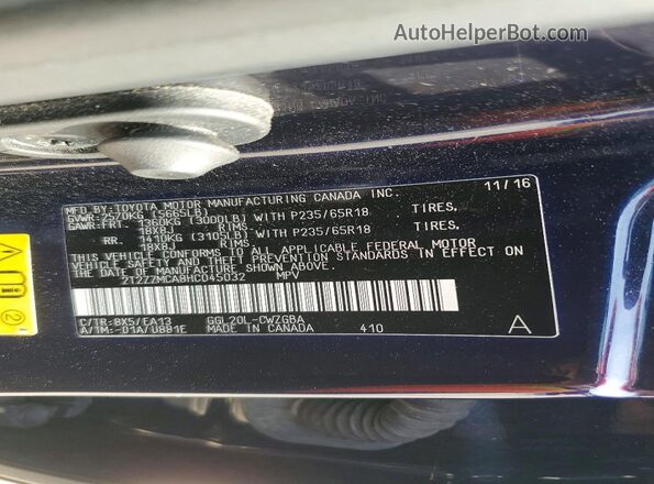 2T2ZZMCA8HC045032 2017 LEXUS RX Blue VIN կոդի պիտակի տեսք