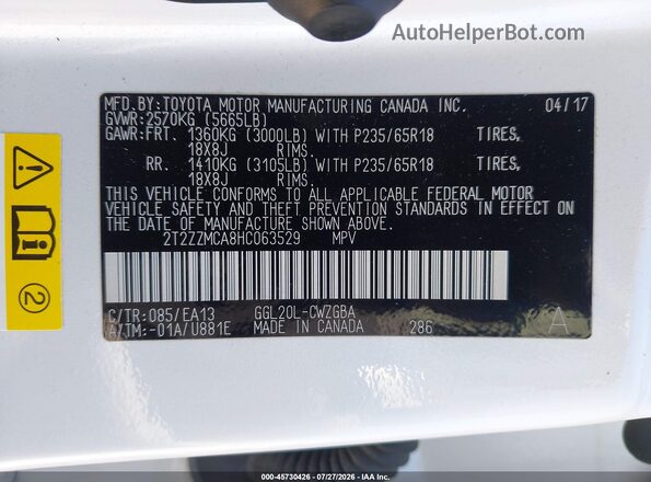 2T2ZZMCA8HC063529 2017 LEXUS RX 350 White Widok komory silnika