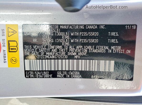 2T2ZZMCA8KC125230 2019 LEXUS RX Silver VIN sticker view