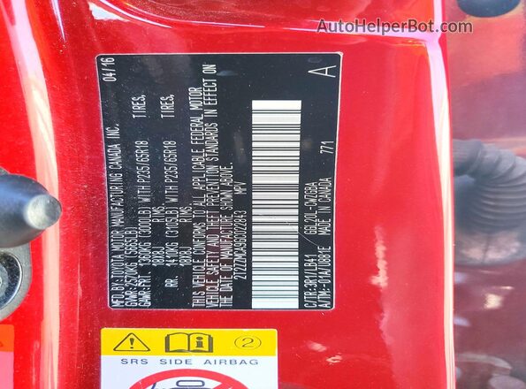 2T2ZZMCA9GC022843 2016 LEXUS RX Burgundy VIN კოდის სტიკერის ხედი