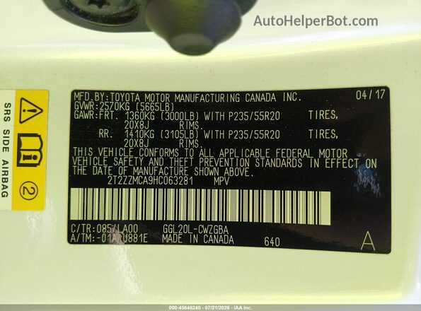 2T2ZZMCA9HC063281 2017 LEXUS RX 350 White ძრავის განყოფილების ხედი