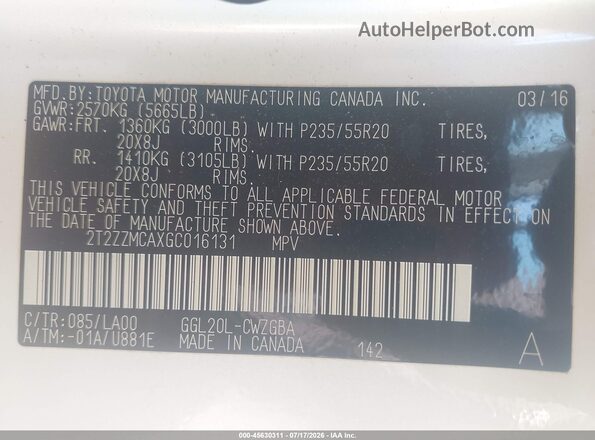 2T2ZZMCAXGC016131 2016 LEXUS RX 350 White Շարժիչի բաժամունքի տեսք