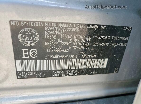 2T35WRFV8SW272614 2025 TOYOTA RAV4 Серебряный Вид наклейки с VIN-кодом