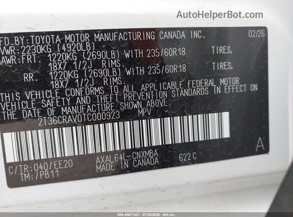 2T36CRAV0TC000923 2026 TOYOTA RAV4 White ძრავის განყოფილების ხედი