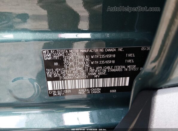 2T36CRAV1TW054701 2026 TOYOTA RAV4 Green Вид підкапотного простору