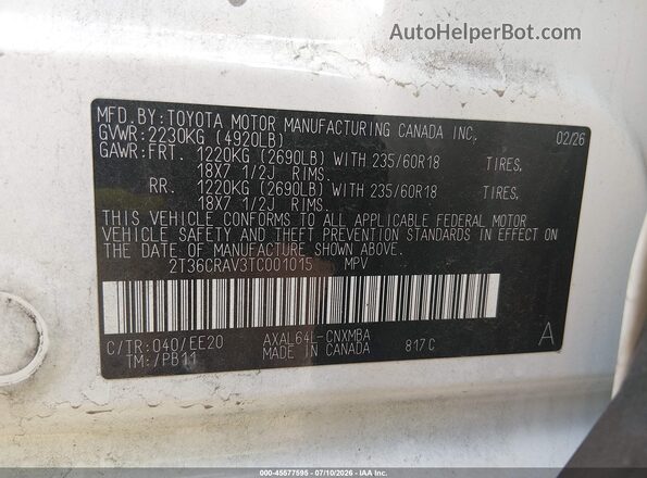 2T36CRAV3TC001015 2026 TOYOTA RAV4 White Vista del compartimento del motor