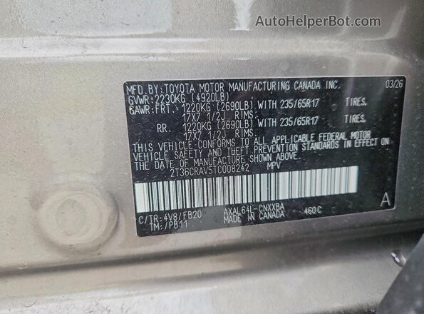 2T36CRAV5TC008242 2026 TOYOTA RAV4 Gray VIN կոդի պիտակի տեսք