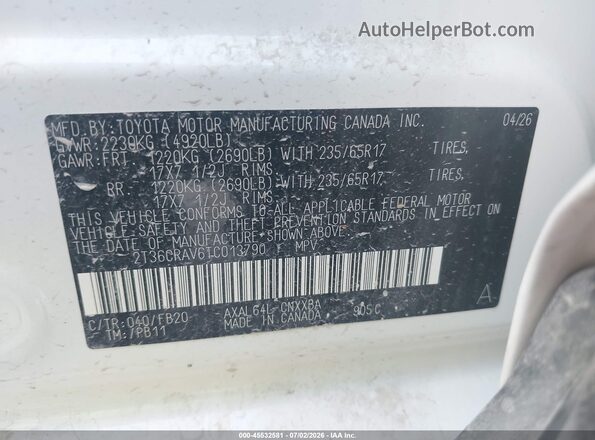 2T36CRAV6TC013790 2026 TOYOTA RAV4 White Vista del compartimento del motor