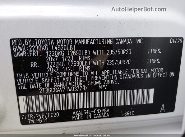 2T36CRAV7TW037787 2026 TOYOTA RAV4 White Widok komory silnika
