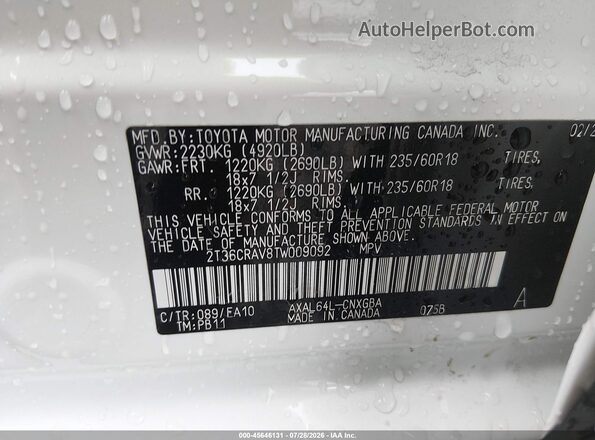 2T36CRAV8TW009092 2026 TOYOTA RAV4 White Vista del compartimento del motor