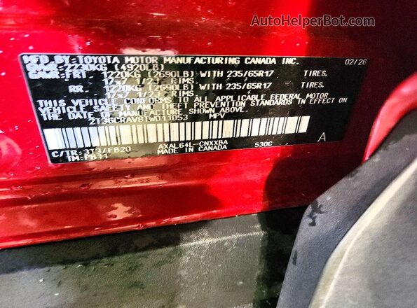2T36CRAV8TW011053 2026 TOYOTA RAV4 Red Вид наклейки з VIN-кодом