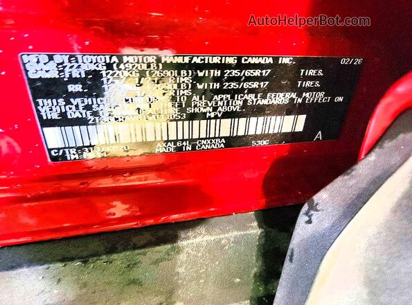 2T36CRAV8TW011053 2026 TOYOTA RAV4 Red VIN კოდის სტიკერის ხედი
