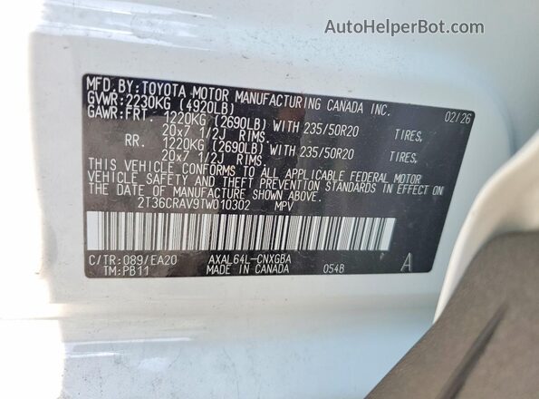 2T36CRAV9TW010302 2026 TOYOTA RAV4 White Widok naklejki z numerem VIN