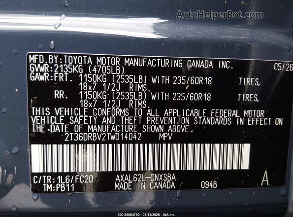2T36DRBV2TW014042 2026 TOYOTA RAV4 Blue Вид підкапотного простору