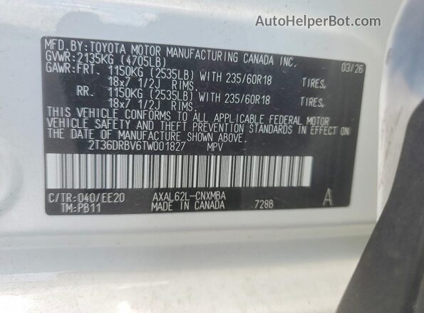2T36DRBV6TW001827 2026 TOYOTA RAV4 White Vista de la etiqueta del VIN