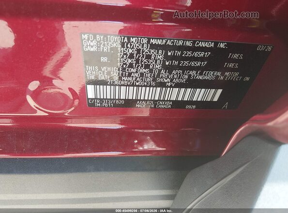 2T36DRBV7TW004316 2026 TOYOTA RAV4 Red Շարժիչի բաժամունքի տեսք
