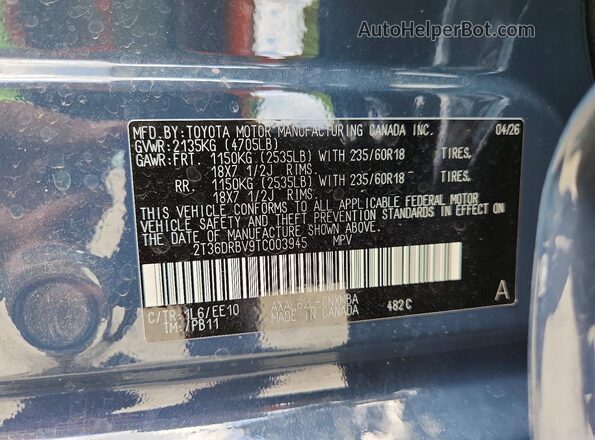 2T36DRBV9TC003945 2026 TOYOTA RAV4 Синий Вид наклейки с VIN-кодом