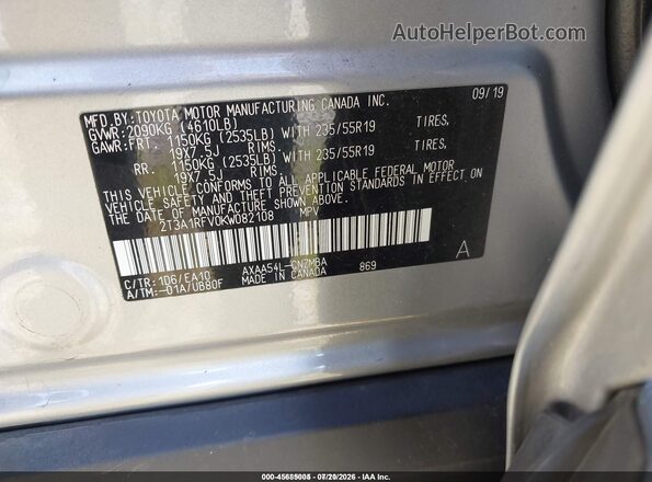 2T3A1RFV0KW082108 2019 TOYOTA RAV4 Серый Вид подкапотного пространства
