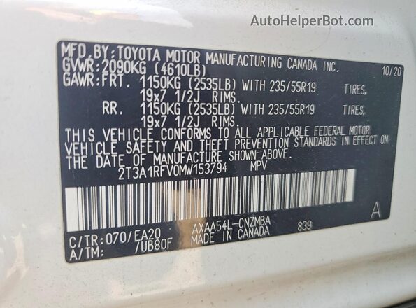 2T3A1RFV0MW153794 2021 TOYOTA RAV4 White VIN კოდის სტიკერის ხედი