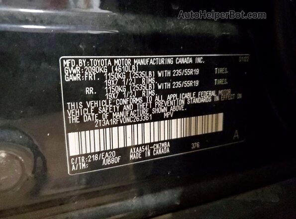 2T3A1RFV0NC263361 2022 TOYOTA RAV4 Black VIN կոդի պիտակի տեսք