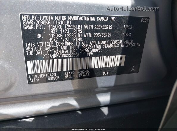 2T3A1RFV0NC292598 2022 TOYOTA RAV4 Silver Շարժիչի բաժամունքի տեսք
