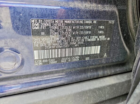 2T3A1RFV0RW415837 2024 TOYOTA RAV4 Blue Вид наклейки з VIN-кодом