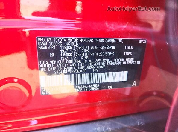 2T3A1RFV0SW563430 2025 TOYOTA RAV4 Red Widok naklejki z numerem VIN