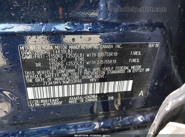 2T3A1RFV1KW033046 2019 TOYOTA RAV4 Blue Engine compartment view