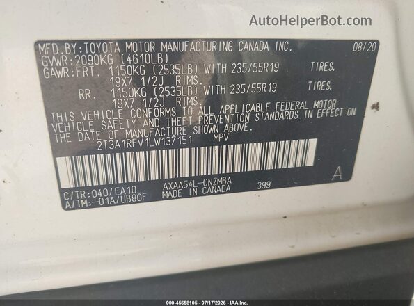 2T3A1RFV1LW137151 2020 TOYOTA RAV4 White ძრავის განყოფილების ხედი