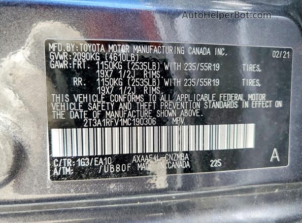2T3A1RFV1MC190306 2021 TOYOTA RAV4 Gray VIN sticker view