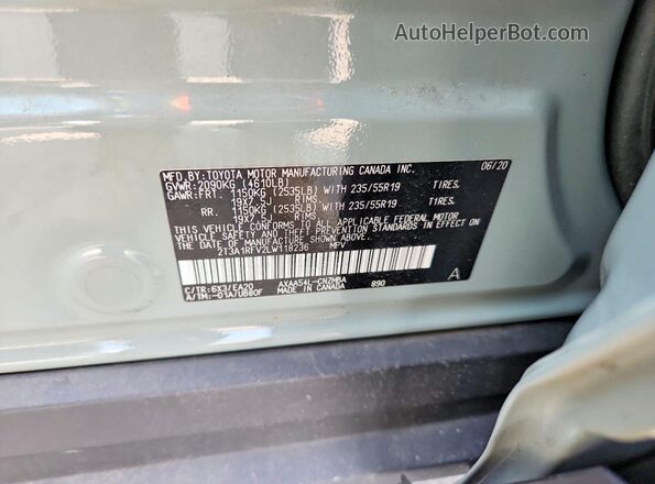 2T3A1RFV2LW118236 2020 TOYOTA RAV4 Teal VIN კოდის სტიკერის ხედი