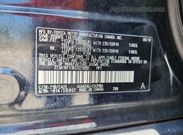 2T3A1RFV3KC021899 2019 TOYOTA RAV4 Black VIN կոդի պիտակի տեսք