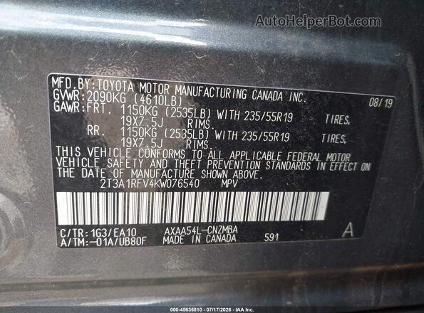 2T3A1RFV4KW076540 2019 TOYOTA RAV4 Gray Widok komory silnika