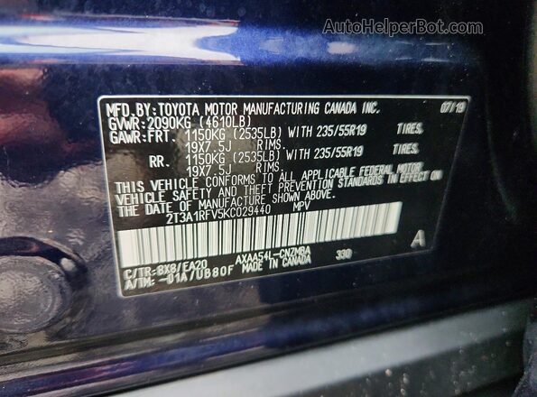2T3A1RFV5KC029440 2019 TOYOTA RAV4 Blue VIN sticker view