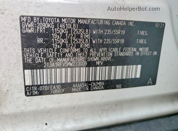 2T3A1RFV5MW233009 2021 TOYOTA RAV4 White Вид наклейки з VIN-кодом