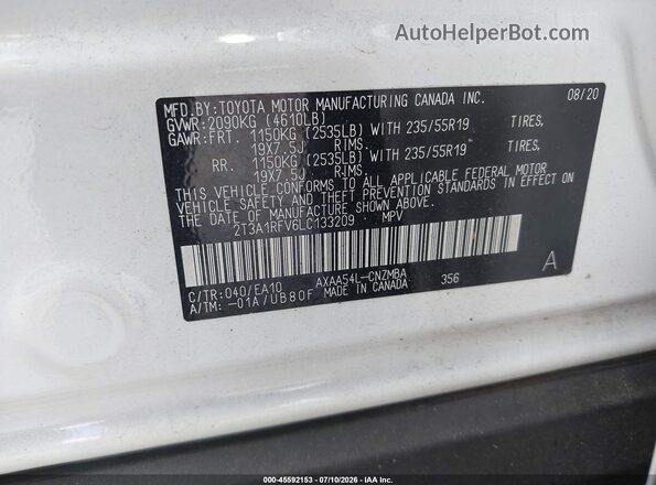 2T3A1RFV6LC133209 2020 TOYOTA RAV4 White Widok komory silnika